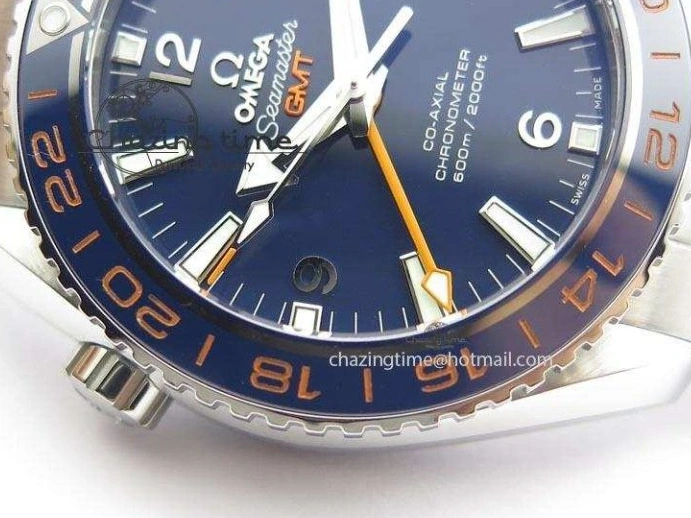 0523 Planet Ocean GMT 43.5mm V6F Goodplanet Orange Marker Blue Dial On SS Bracelet A ModernLook 8215